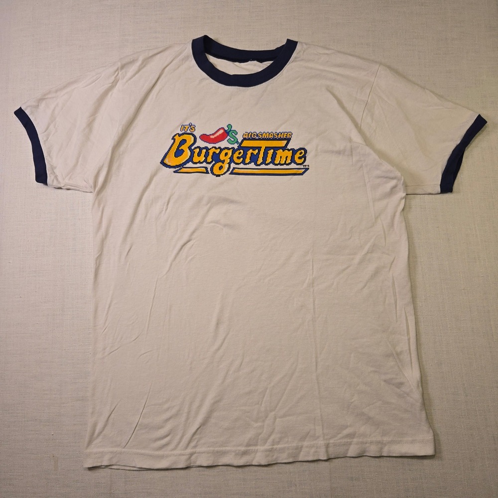 Chili's BurgerTime Retro Promo Shirt Tee Size Large Mens White Blue Arcade Gamer